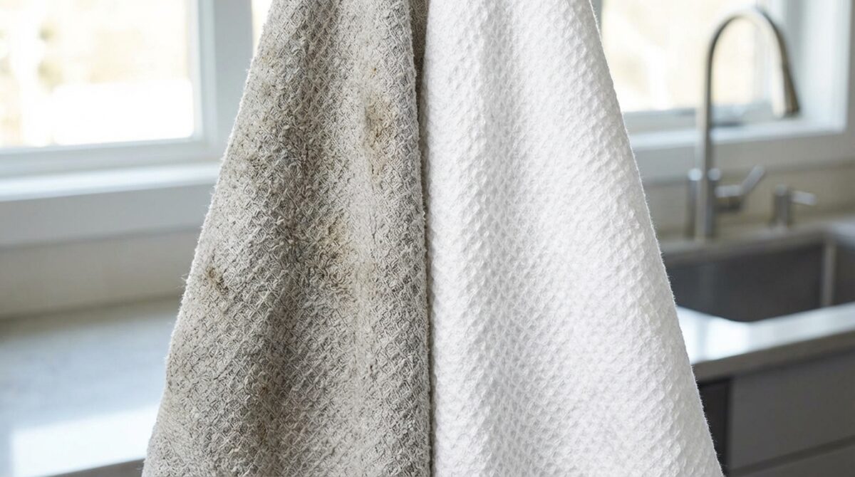 scopri come gli strofinacci da cucina grigiastri, spesso trascurati, possono tornare bianchi come nuovi utilizzando metodi naturali migliori della candeggina.